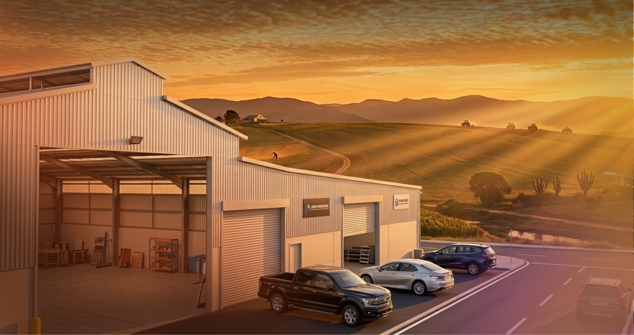 Galpão industrial ao pôr do sol